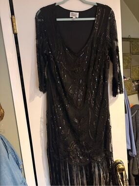 Unique Vintage Black Sequin Fringe Long Sleeve Dress- worn 1x